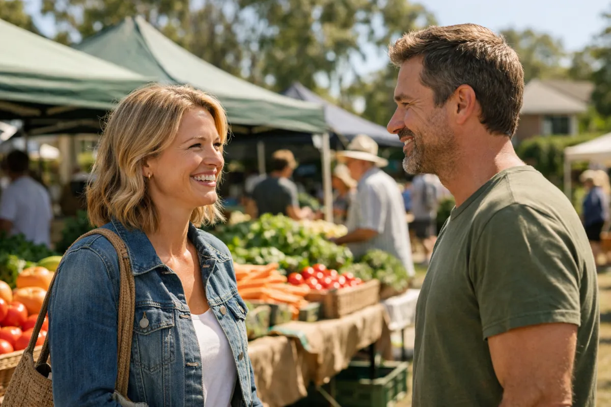 Man and woman having a natural conversation at a sunny outdoor farmers market