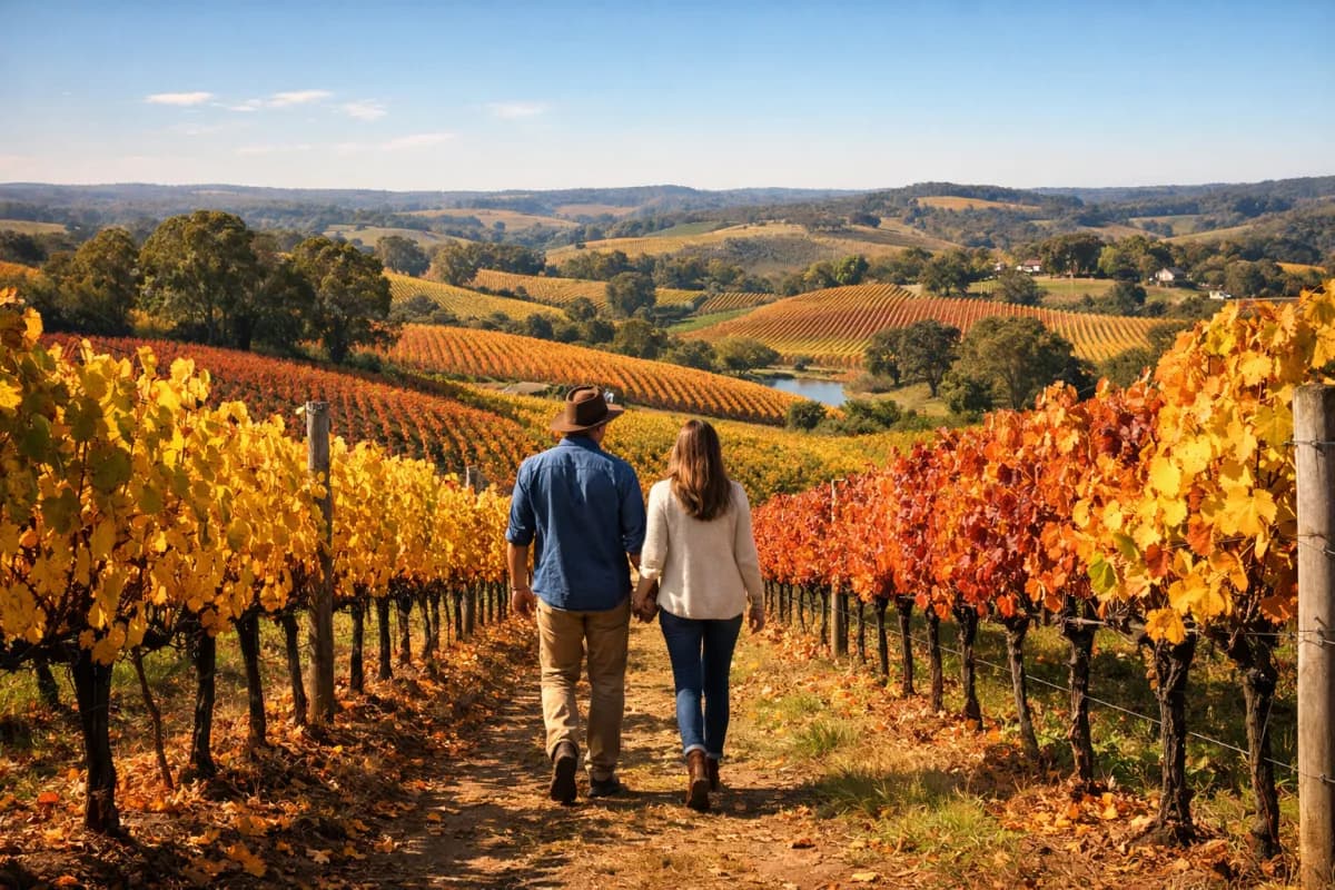 Adelaide Hills wine region with rolling vineyards on an autumn afternoon