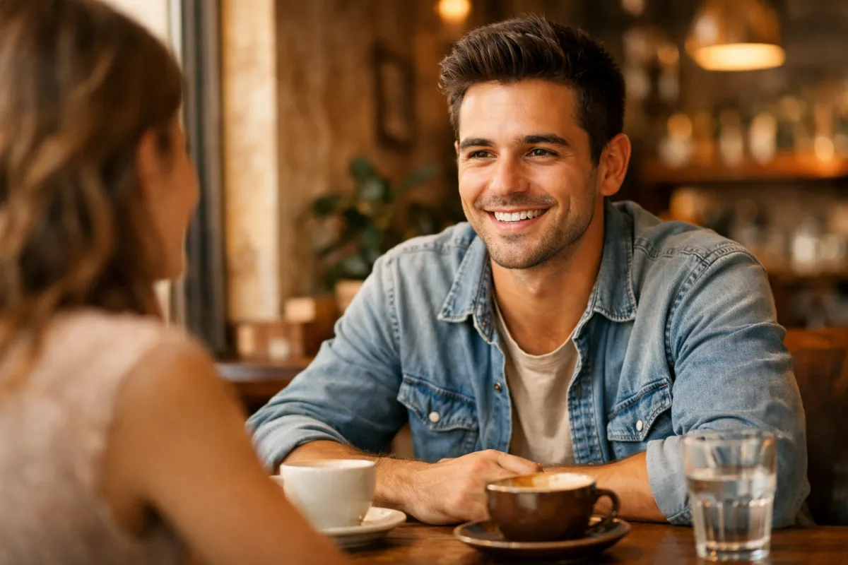 Confident man having a relaxed conversation at a cafe